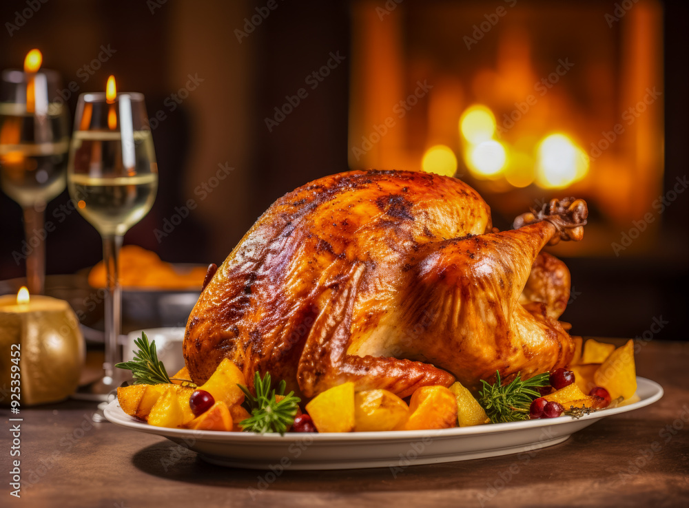 Festlich gedeckter Tisch mit einem gebratenen Truthahn, Weihnachtstruthahn, Generative AI