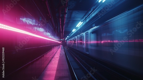 Neon pink and blue lights blur as a metro train speeds through an underground passage, highlighting rapid urban motion and energy.