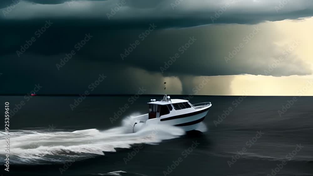 Video of motorboat speeding through dark, stormy waters as ominous clouds loom overhead, urgency and raw power of  sea, high-adrenaline marine scene under dramatic weather conditions
