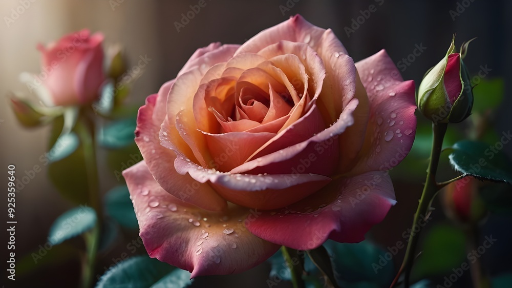 A stunning, vibrant rose with delicate petals and a rich, velvety texture, rendered in a realistic style with soft, natural lighting. A stunning, vibrant rose with delicate petals and a rich, velvety texture, rendered in a realistic style with soft, natural lighting.