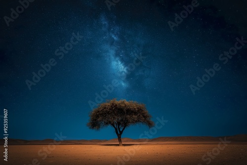 Loneliness: A single tree standing in the middle of an empty desert, under a vast, starless night sky photo