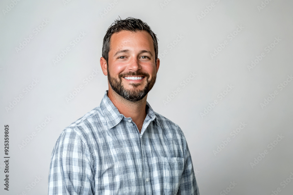 Smiling man in a casual plaid shirt standing against a plain grey background, exuding friendliness and approachability. Smiling man in a casual plaid shirt standing against a plain grey background, exuding friendliness and approachability.