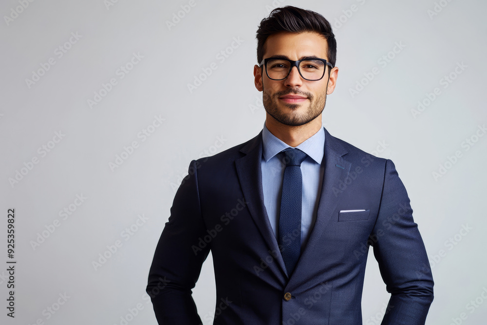 Fototapeta premium Portrait of a confident businessman wearing a navy suit and glasses, standing against a light grey background. Perfect for corporate and professional themes.