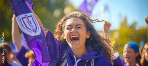 Excited High School Graduate Cheering at College Pep Rally, Wearing University Hoodie, Waving Flag