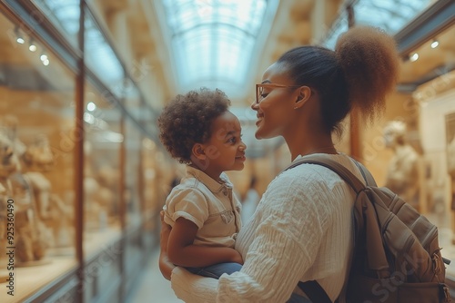 A mother and child admire ancient sculptures in a museum during a sunny afternoon
