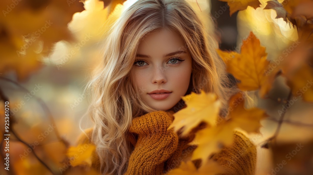 Portrait of a freckled girl among autumn leaves with orange and yellow tones in the background. Portrait of a freckled girl among autumn leaves with orange and yellow tones in the background.