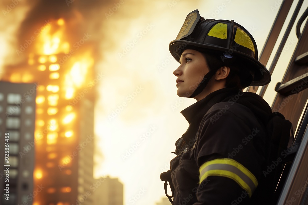 Fototapeta premium Side view of a female firefighter looking up at a burning building, focused and ready for action, intense scene with flames, selected focus, copy space