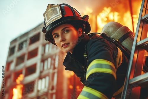 Female firefighter assessing a situation, standing in front of a burning building, wearing full gear, intense and determined, urban firefighting scene, selected focus, copy space

