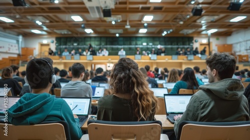 Modern Education: University Lecture Hall with Students Using Laptops and Tablets for Note-Taking