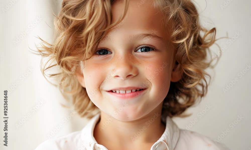 Portrait of a cute little boy with blond curly hair smiling at camera Portrait of a cute little boy with blond curly hair smiling at camera