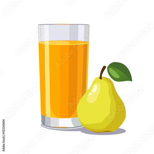 Full glass of yellow freshly and healthy squeezed pear juice isolated on white background. Vector illustration in flat style with dietary drink. Summer clipart for card, banner, flyer, poster design