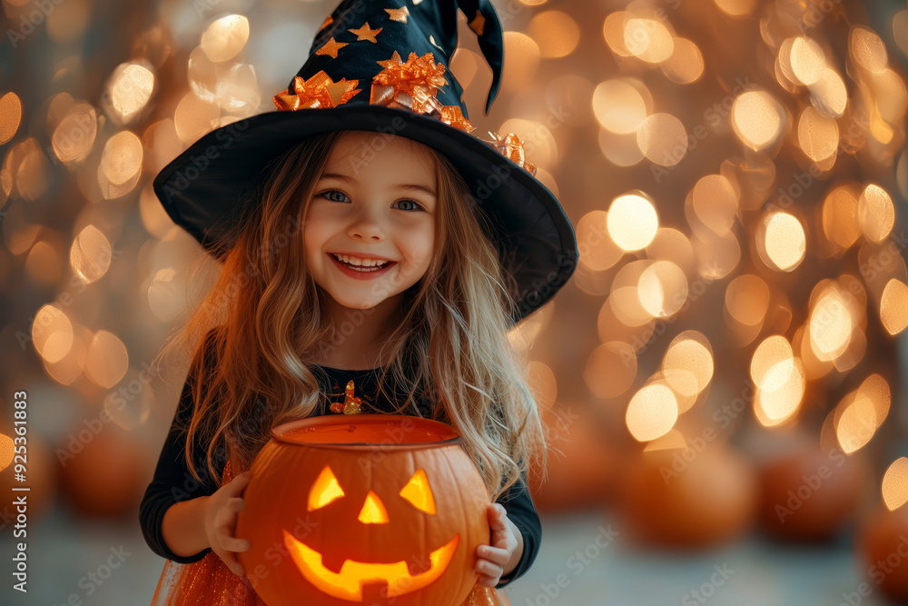 Little girl in a witch costume smiling with holding a candy basket a glowing jack-o'-lantern, surrounded by festive Halloween lights. Little girl in a witch costume smiling with holding a candy basket a glowing jack-o'-lantern, surrounded by festive Halloween lights.