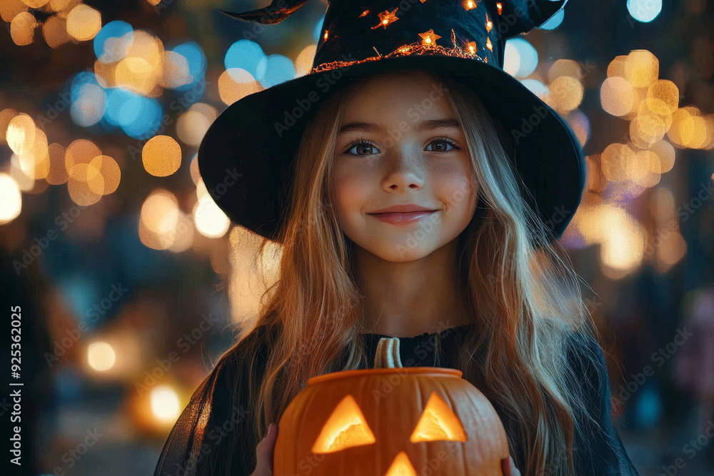 A young girl in a witch costume holding a glowing jack-o'-lantern, smiling brightly with city lights in the background. A young girl in a witch costume holding a glowing jack-o'-lantern, smiling brightly with city lights in the background.