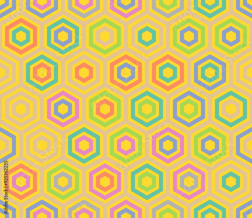 Honeycomb mosaic hexagons background. Plain hexagon frames. Large honeycomb cells. Multiple tones color palette. Seamless pattern. Tileable vector illustration.