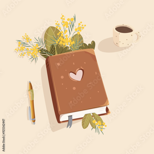 Illustration of a book with plants. A homemade herbarium and a cup of coffee. Cozy Autumn Postcard with book and flowers