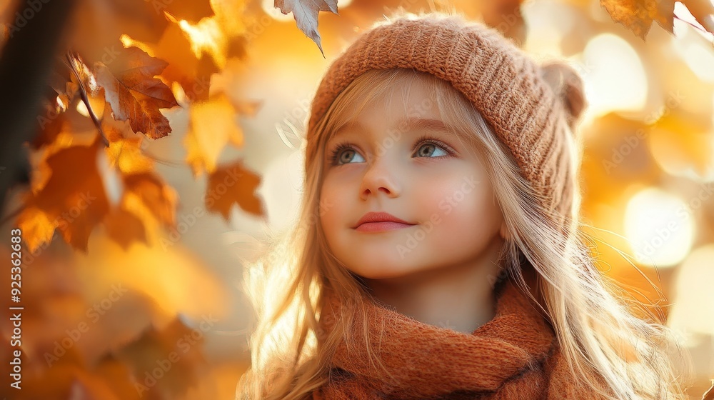Little girl's face surrounded by autumn leaves, creating a warm and cozy atmosphere. Little girl's face surrounded by autumn leaves, creating a warm and cozy atmosphere.