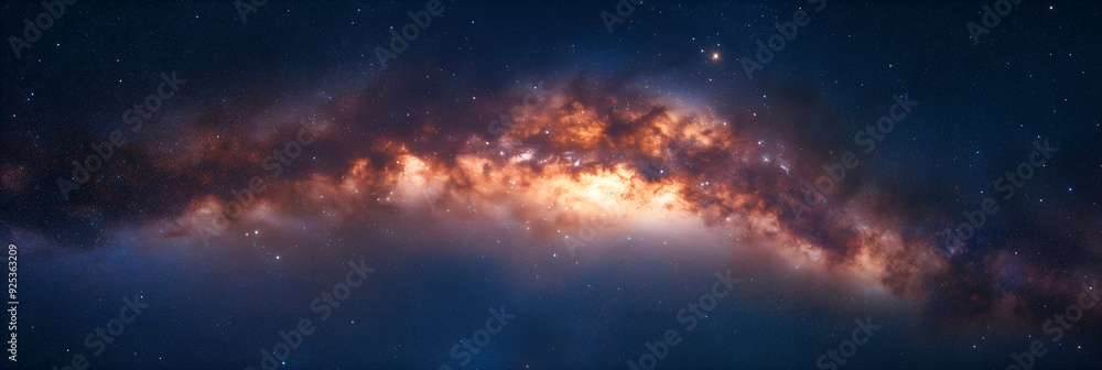 Naklejka premium A stunning view of a glowing galaxy filled with stars and cosmic dust against a dark expanse of space