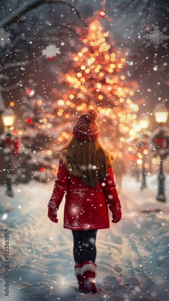 A girl in a red coat walks along a snowy path toward a brightly lit Christmas tree, creating a festive and magical atmosphere A girl in a red coat walks along a snowy path toward a brightly lit Christmas tree, creating a festive and magical atmosphere