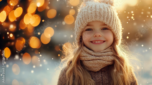 Wallpaper Mural Christmas Girl with Hat. Adorable girl in winter hat with bokeh Christmas lights in the background. Warm, festive atmosphere. Torontodigital.ca