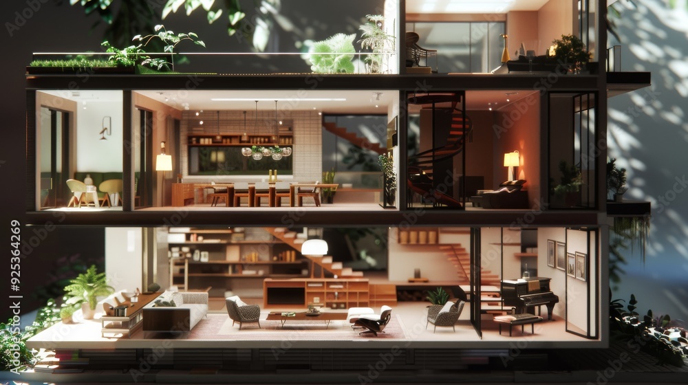 A sophisticated, multi-level modern home with large windows, cozy interiors, and ambient lighting, nestled in a lush, sunlit greenery. A sophisticated, multi-level modern home with large windows, cozy interiors, and ambient lighting, nestled in a lush, sunlit greenery.