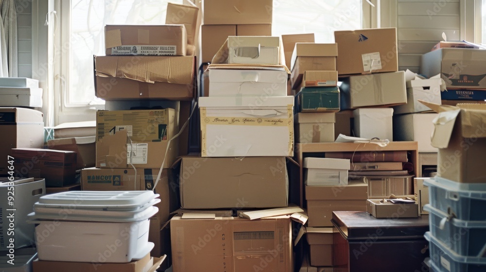 A cluttered storage room filled with various sizes of cardboard boxes, stacked haphazardly, under soft daylight streaming through a window. A cluttered storage room filled with various sizes of cardboard boxes, stacked haphazardly, under soft daylight streaming through a window.