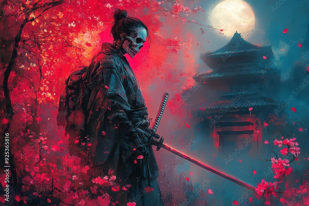 ethereal skeleton warrior wielding a katana surrounded by cherry blossoms in a moonlit japanese garden animestyle art with vibrant neon accents and intricate details ethereal skeleton warrior wielding a katana surrounded by cherry blossoms in a moonlit japanese garden animestyle art with vibrant neon accents and intricate details