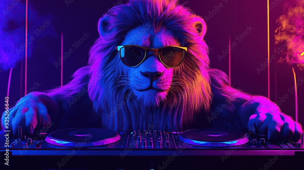 A lion wearing sunglasses is mixing music on a DJ mixer. The lion is illuminated with blue and pink light. A lion wearing sunglasses is mixing music on a DJ mixer. The lion is illuminated with blue and pink light.