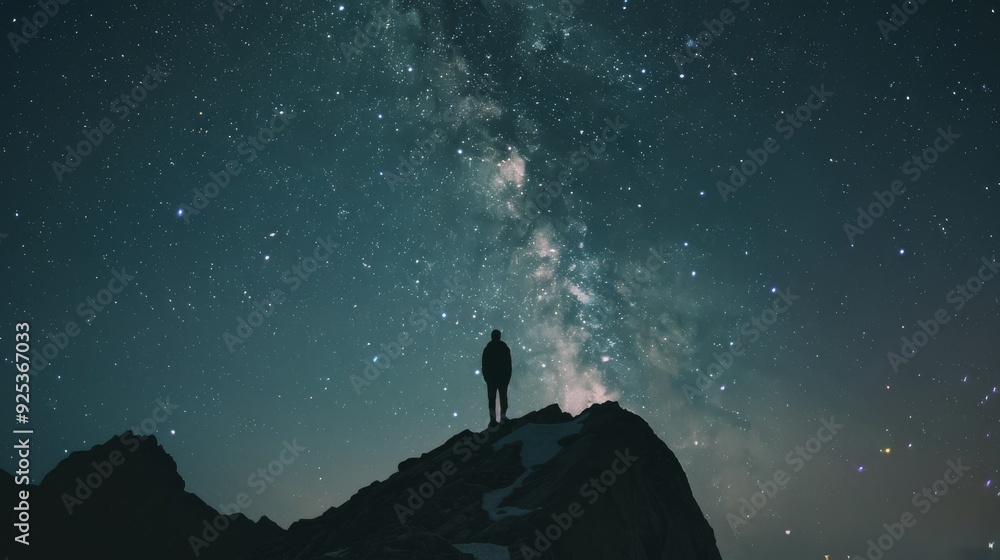 Fototapeta premium A solitary silhouette stands on a rugged mountain peak, illuminated by the vibrant Milky Way, evoking a sense of wonder under the expansive night sky.