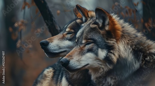 A portrait of a two wolves with closed eyes