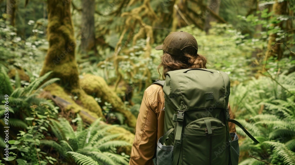 Eco-Friendly Backpack on Forest Trail: Nature Travel and Outdoor Adventure Concept Eco-Friendly Backpack on Forest Trail: Nature Travel and Outdoor Adventure Concept