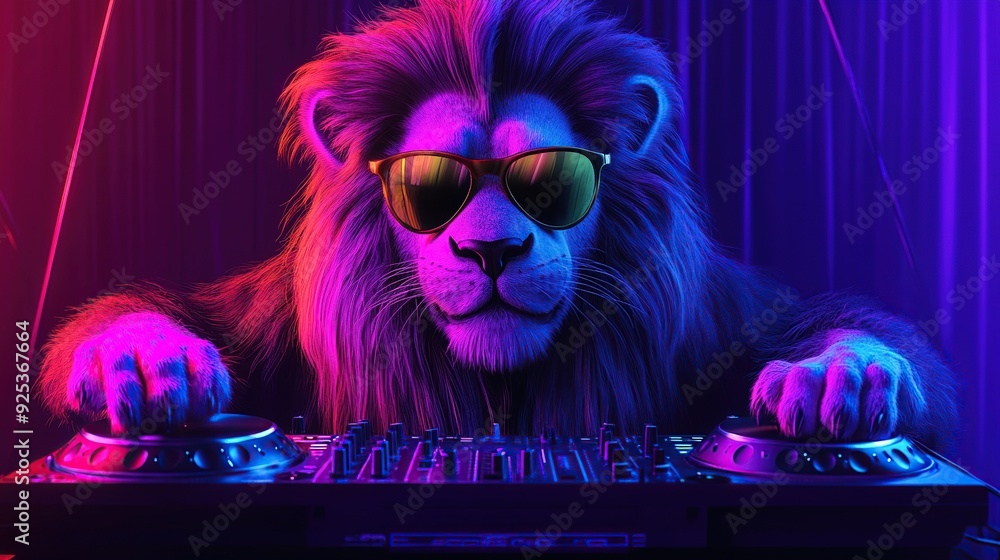 A lion wearing sunglasses is mixing music on a DJ mixer in a purple and pink lighting. A lion wearing sunglasses is mixing music on a DJ mixer in a purple and pink lighting.