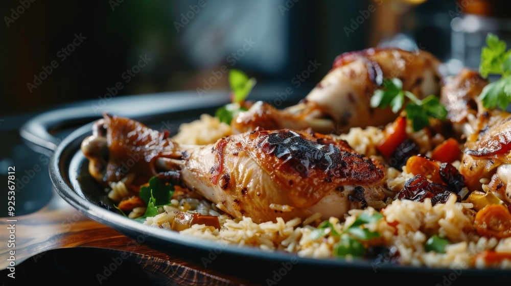 Juicy, roasted chicken drumsticks on a bed of seasoned rice with herbs and vegetables, creating a mouthwatering, savory feast beautifully presented. Juicy, roasted chicken drumsticks on a bed of seasoned rice with herbs and vegetables, creating a mouthwatering, savory feast beautifully presented.
