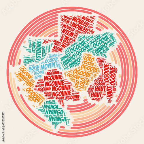 Gabon Round Poster. Typography style image of Country. Regions word clouds of Gabon. Vintage image design with scratch texture.