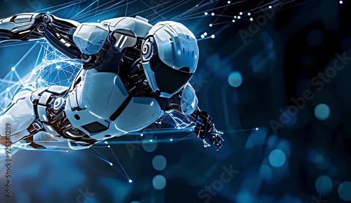 A futuristic robot flying in the air, wearing white and black armor with blue lights on its body, dynamic pose, motion blur background, speed lines, hyper-realistic, detailed texture