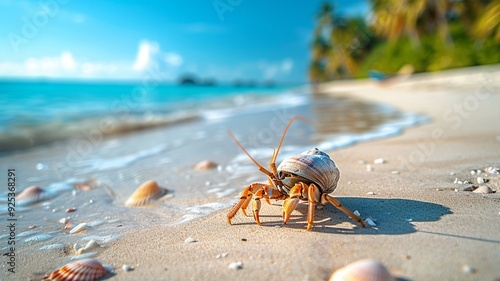 A detailed close-up of a hermit crab on a tropical beach, showcasing its tiny legs and antennae as it emerges from its shell. The scene includes fine sand grains, coral fragments, photo