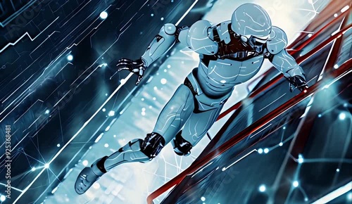 A white humanoid robot with no face and full body armor is jumping on the roof of an electric car, surrounded by glowing data streams, in a futuristic cityscape background
