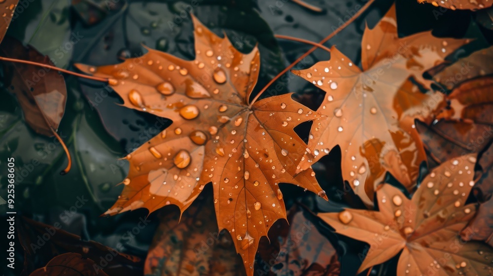 Orange autumn leaves with raindrops floating on a still pond, capturing a serene fall moment. Orange autumn leaves with raindrops floating on a still pond, capturing a serene fall moment.