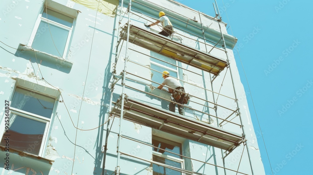 Workers in safety gear paint the exterior of a multi-story building using scaffolding on a clear day. Workers in safety gear paint the exterior of a multi-story building using scaffolding on a clear day.