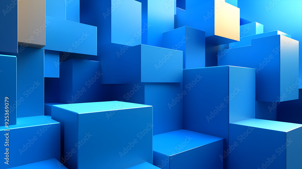A vibrant arrangement of blue geometric blocks creating a modern abstract design. A vibrant arrangement of blue geometric blocks creating a modern abstract design.