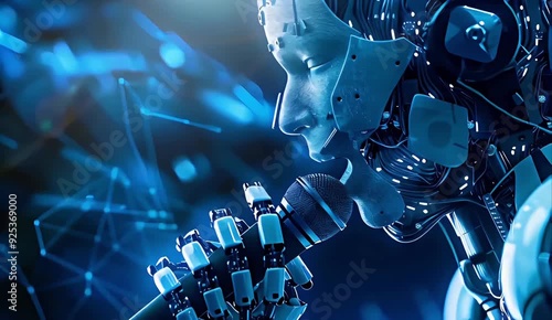 Close-up of an artificial intelligence robot speaking into a microphone, with a blue-colored background featuring digital connections and data points in a futuristic style