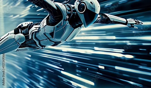 A futuristic robot flying in the air, wearing white and black armor with blue lights on its body, dynamic pose, motion blur background, speed lines, hyper-realistic, detailed texture