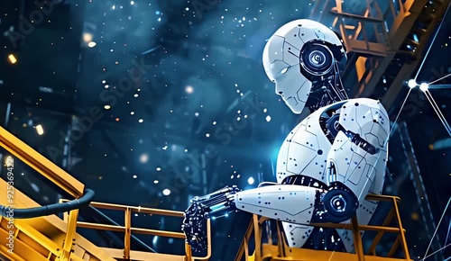 A humanoid robot with advanced AI technology is standing on the deck of an oil and gas crane, working in the high-tech industry in a futuristic world, a concept for artificial intelligence