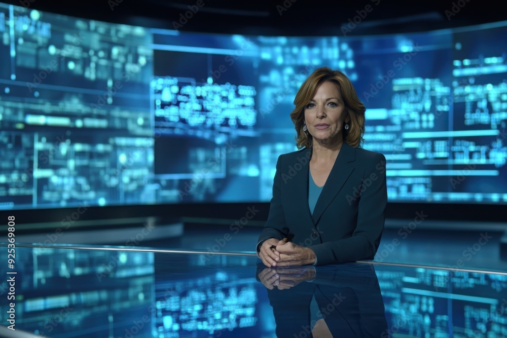 News Anchor in High-Tech Broadcast Studio News Anchor in High-Tech Broadcast Studio