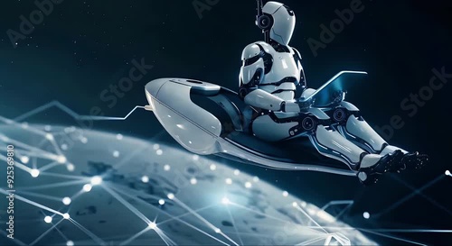 A white humanoid robot with no face, sitting on top of an electric mouse ski in space, holding onto the front bar and flying through outer space