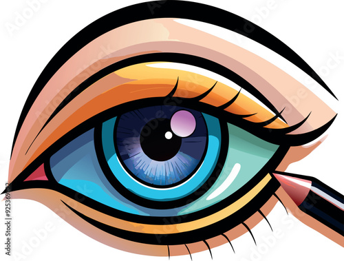 Makeup artist applying eyeliner on eye with rainbow eyeshadow-