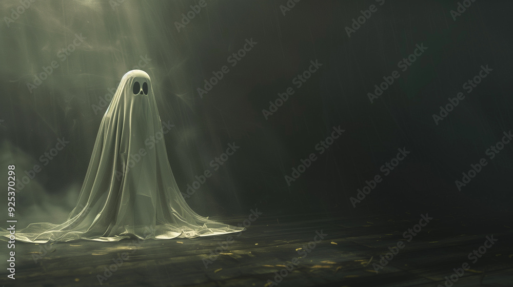 Translucent ghost in a dark room, Halloween Translucent ghost in a dark room, Halloween