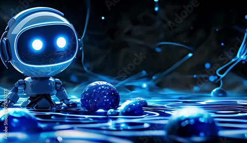  A cute robot is standing on the water surface, surrounded by glowing blue light lines and small spheres of energy floating in the space. The background features dark tones with soft lighting