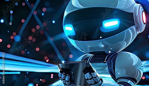 A cute robot is playing with its phone, with glowing blue eyes and a silver body. The background features dynamic lines of light in shades of white to black. There's an atmosphere full of energy