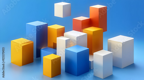 A vibrant arrangement of geometric blocks in various colors and sizes against a blue background.