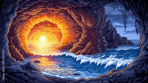 A Fiery Portal Emerging from a Coastal Cave